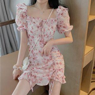 Short-sleeve Ruched Front Floral Chiffon Mini Sheath Dress