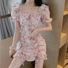 Short-sleeve Ruched Front Floral Chiffon Mini Sheath Dress