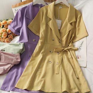 Tie-waist Double-breasted Lapel Mini Dress In 5 Colors