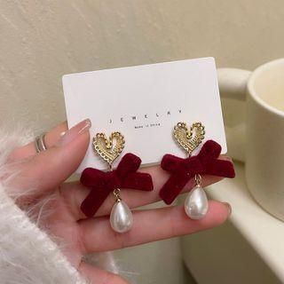 Heart Faux Pearl Alloy Dangle Earring 1 Pair - S925 Silver Pin Stud Earrings - Red - One Size