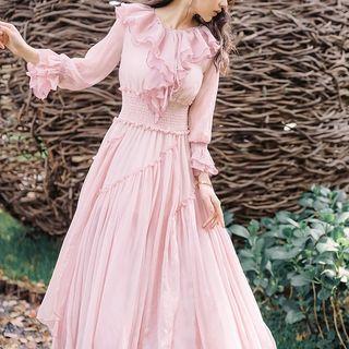 Ruffle Long-sleeve Maxi A-line Dress