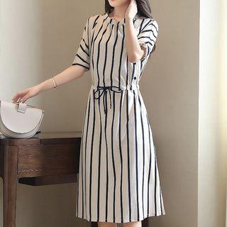 Elbow-sleeve Striped Tie Waist A-line Dress