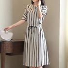 Elbow-sleeve Striped Tie Waist A-line Dress
