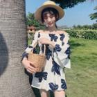 3/4-sleeve Off Shoulder Floral Print A-line Mini Dress