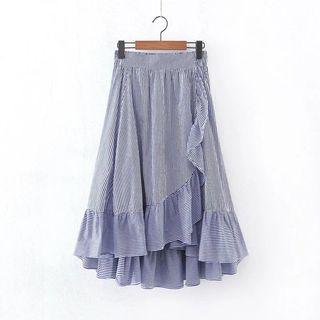 Pinstriped Ruffle Hem Midi Skirt