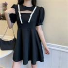 Cut-out Short-sleeve Mini A-line Dress Black - One Size