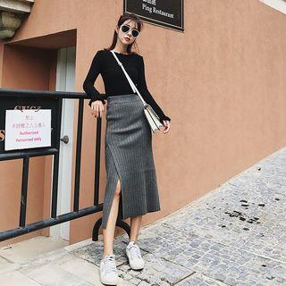 Set: Rib Knit Top + Side Slit Knit Skirt