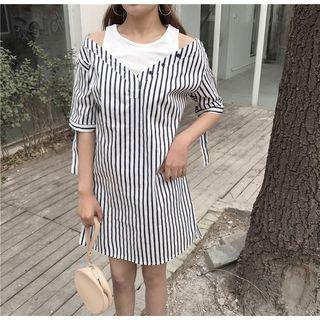 Elbow-sleeve Striped Mock Two Piece A-line Dress