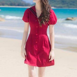 Short-sleeve Buttoned A-line Mini Dress