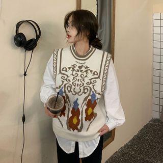Print Sweater Vest / Plain Shirt