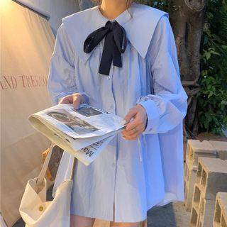 Long-sleeve Wide Collar Bow Accent Mini Shirt Dress