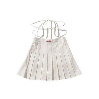 Lace Up Lettering Mini Pleated Skirt