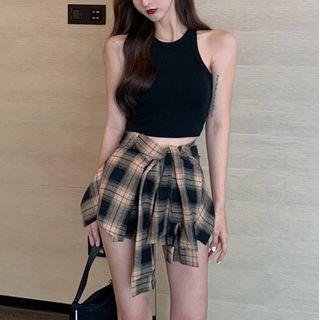 Crop Tank Top / Plaid Mini Pencil Skirt