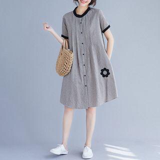 Short-sleeve Striped Shirt Dress Black - One Size