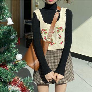 Plain Turtleneck Sweater / Flower Embroidered Crochet Knit Vest