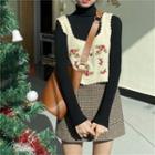Plain Turtleneck Sweater / Flower Embroidered Crochet Knit Vest