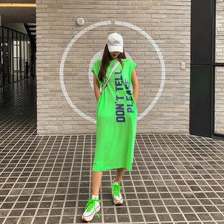Cap-sleeve Letter Print Long T-shirt Dress