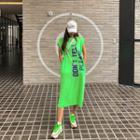 Cap-sleeve Letter Print Long T-shirt Dress