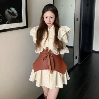 Long-sleeve Frill Trim A-line Mini Shirtdress / Waist Belt