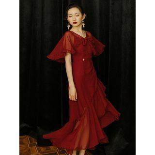 Set: Spaghetti Strap Ruffle Hem Midi A-line Dress + Shawl