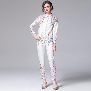 Set: Floral Print Shirt + Straight-leg Pants