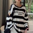 Cutout Striped Lettering Knit Top Black & White - One Size