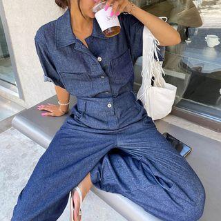 Dual-pocket Wide-leg Denim Jumpsuit