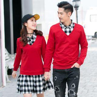 Couple Matching Plaid Panel Collared Pullover / Plaid Panel Collared Long Sleeve Dress