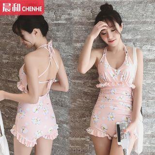 Floral Print Frill Trim Halter Swimsuit