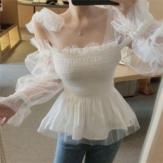 Mesh-sleeve Smocked Peplum Blouse