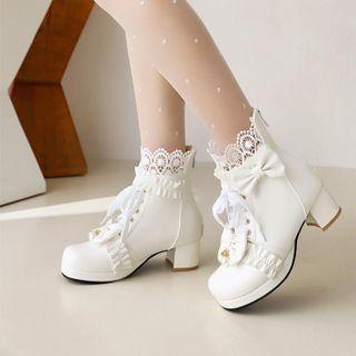Lace Trim Bow Accent Platform Block Heel Short Boots