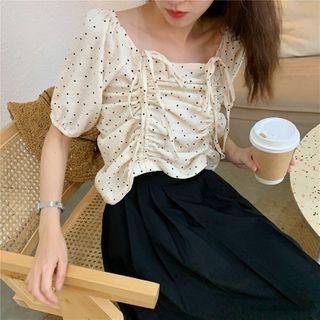 Drawstring Short-sleeve Dotted Blouse