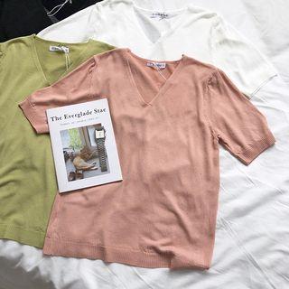 Short-sleeve V-neck Knit Sweater