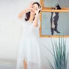3/4-sleeve Chiffon A-line Dip-back Dress
