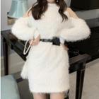 Long-sleeve Cutaway-shoulder Furry-knit Dress