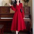 Long-sleeve V-neck Knotted Midi A-line Dress