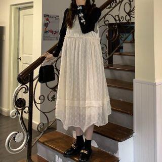 Long-sleeve Bow Accent Top / Lace Midi A-line Overall Dress