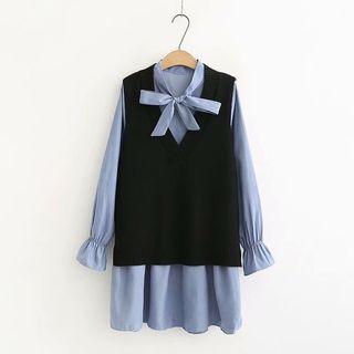Set: Knit Vest + Long-sleeve Tie-neck A-line Dress