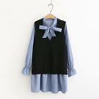 Set: Knit Vest + Long-sleeve Tie-neck A-line Dress