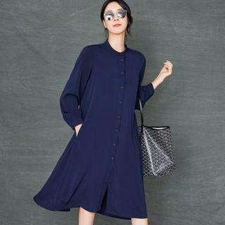 Mandarin-collar Silky Shirtdress Navy Blue - One Size