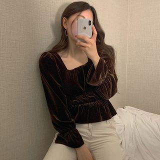Long-sleeve Velvet Blouse Coffee - One Size