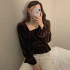Long-sleeve Velvet Blouse Coffee - One Size