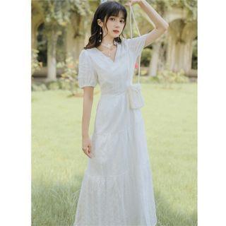 Embroidered Puff-sleeve V-neck Midi A-line Dress