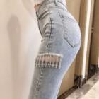 High-waist Distressed Rhinestone Skinny Jeans