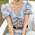 Plaid Drawstring Short-sleeve Crop Top As Shown In Figure - One Size