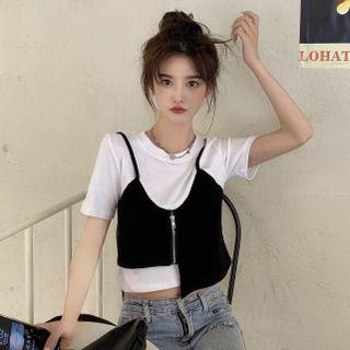 Mock Two-piece Short-sleeve Zip-accent Crop Top Black & White - One Size