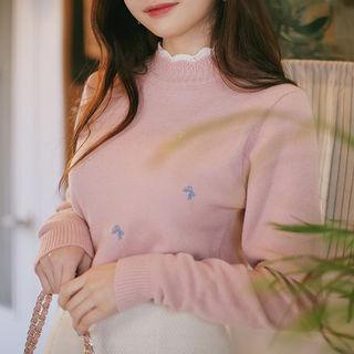 Layered-neck Ribbon-embroidered Knit Top