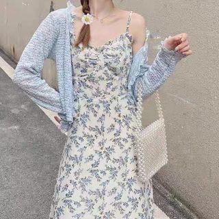 Set: Strappy Midi Floral Dress + Light Jacket
