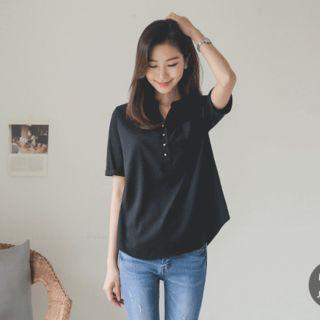 Short-sleeve Metal-button Chiffon-front Henley