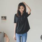 Short-sleeve Metal-button Chiffon-front Henley
